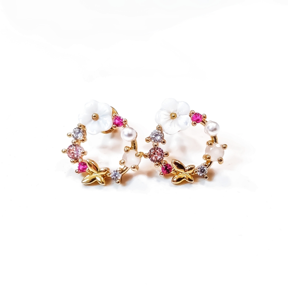 14k Gold or 925 Sterling Silver Hibiscus Pearl & Rose Quartz Butterfly Earrings - Picture 1 of 9